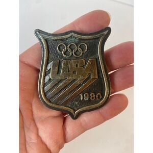 Vintage 1980 USA Olympic Belt Buckle Brass Tone Shield Lake Placid Collectible